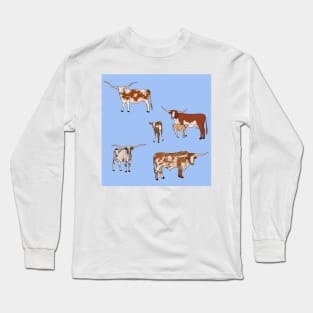 Texas Longhorn Pattern Blue Long Sleeve T-Shirt